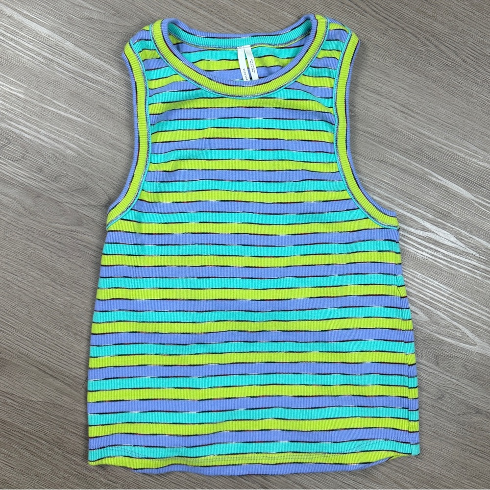 Anthropologie Neon Green Teal Lavender Striped Ribbed Tank